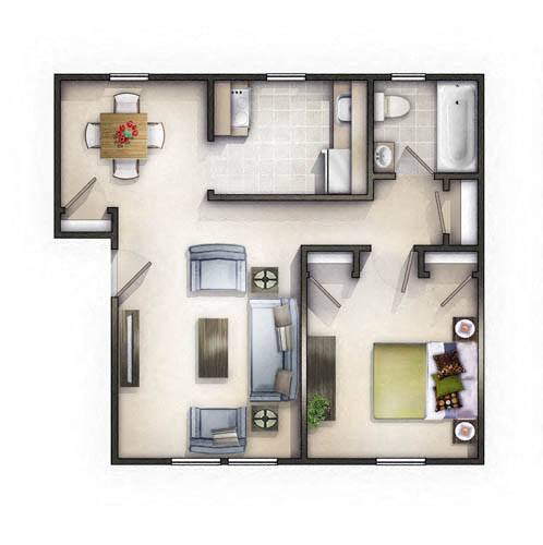 Floor plan for 1 bed, 1 bath, 514 sqft